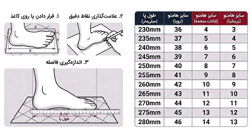 راهنمای سایز کفش